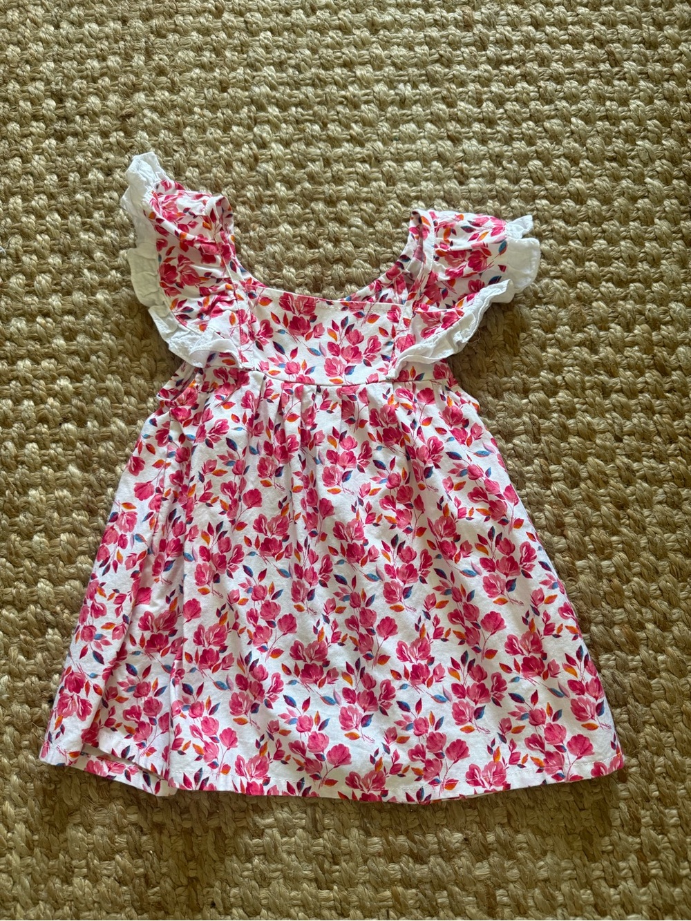 Girls White Dress with Pink Floral Print and Ruffle Shoulders